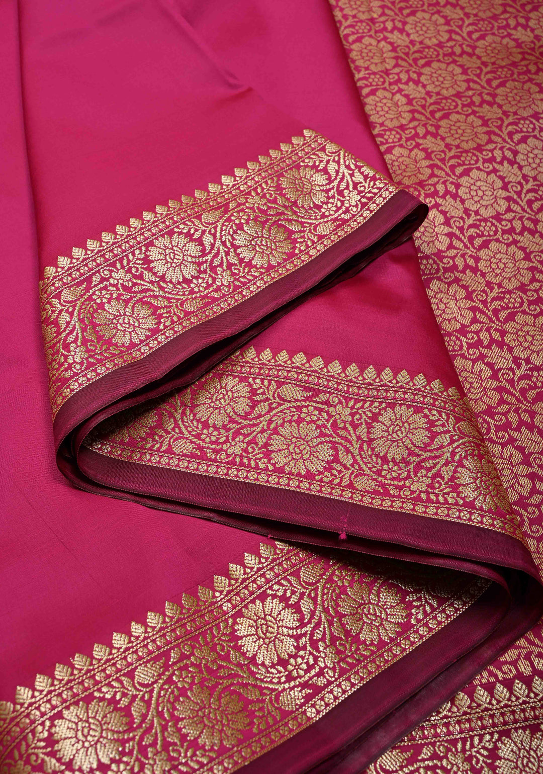 Rani Pink Semi Silk Saree with Minimal Floral Zari Border | SHOBITAM