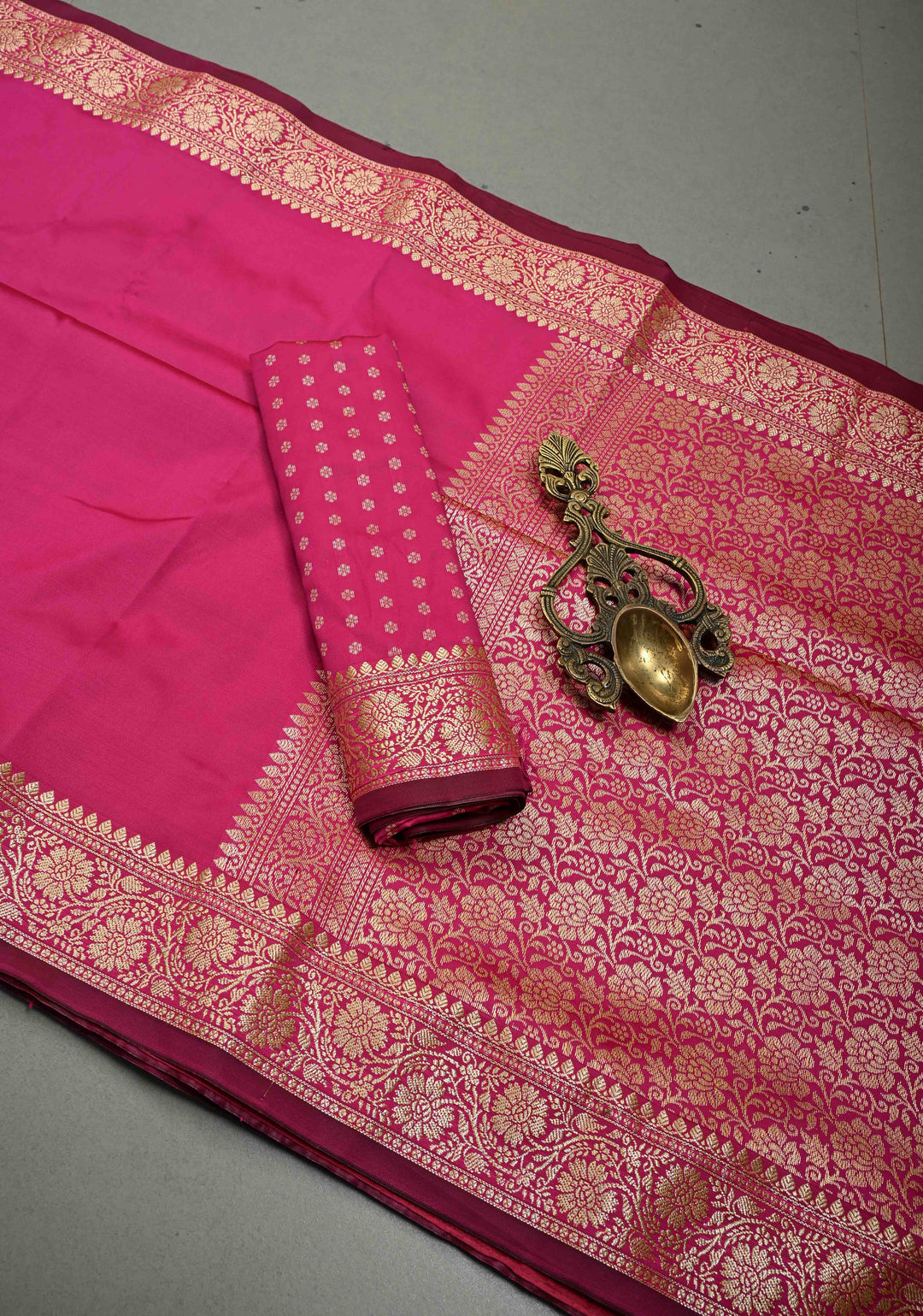 Rani Pink Semi Silk Saree with Minimal Floral Zari Border | SHOBITAM