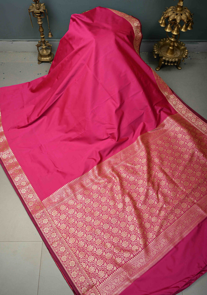 Rani Pink Semi Silk Saree with Minimal Floral Zari Border | SHOBITAM