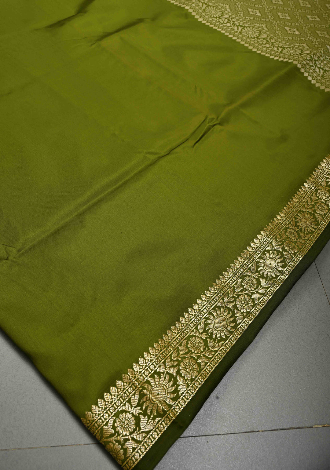 Henna Green Semi Silk Saree with Minimal Floral Zari Border | SHOBITAM