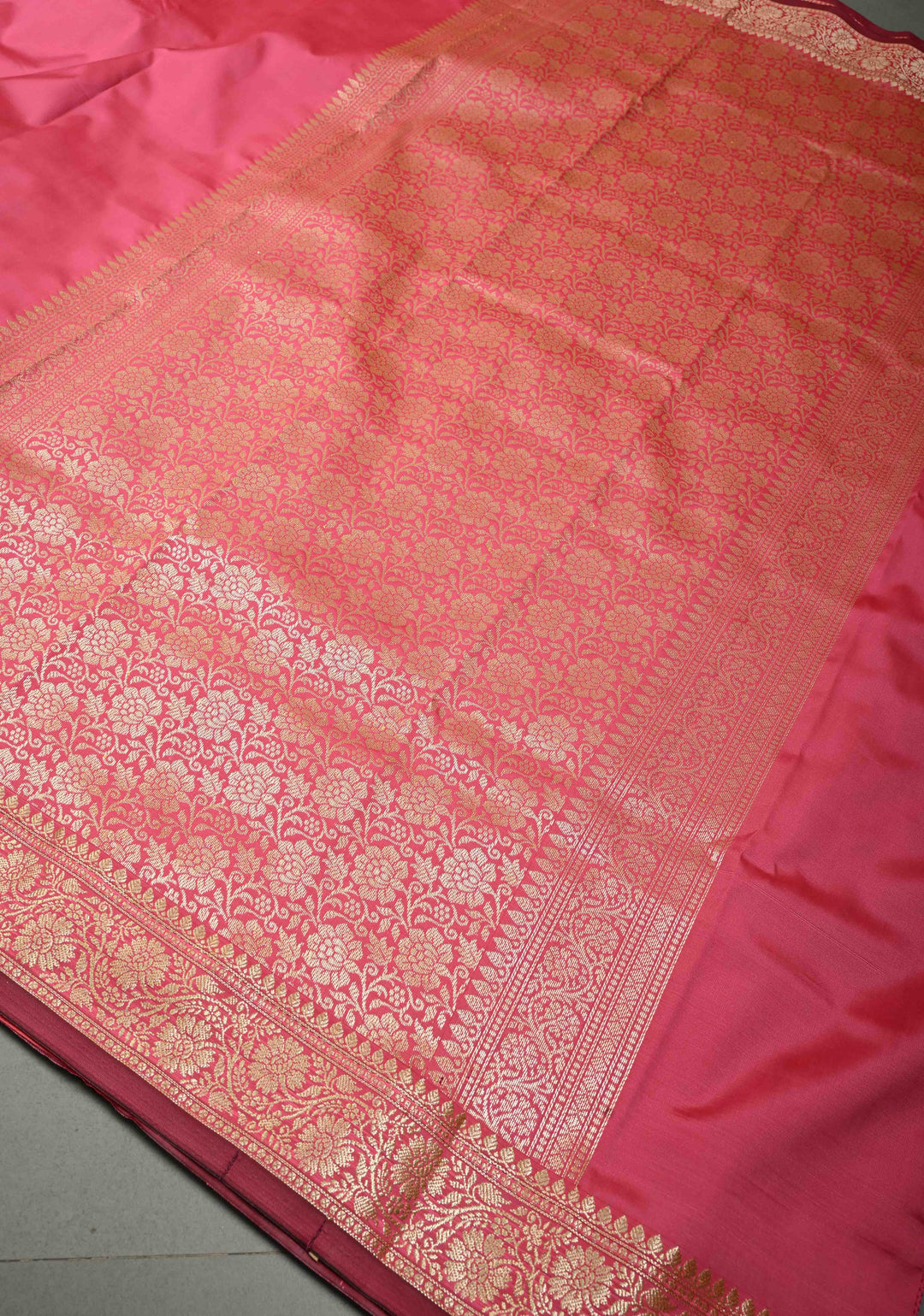 Coral Pink Semi Silk Saree with Floral Zari Border | SHOBITAM