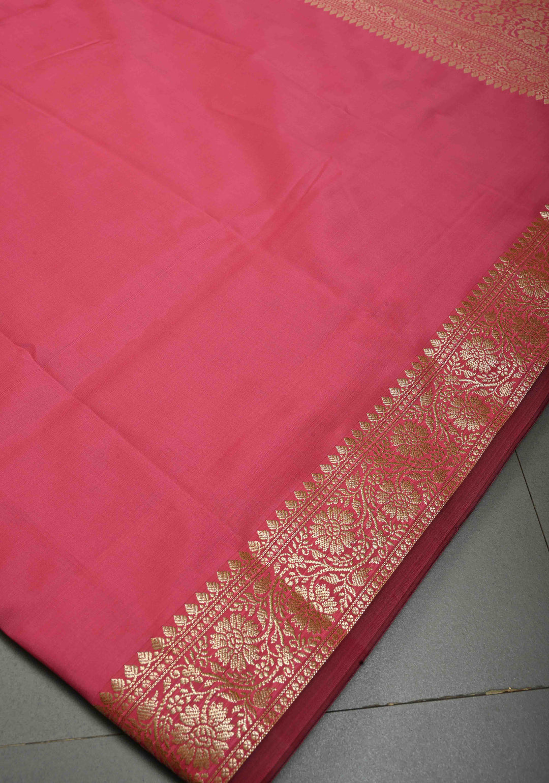 Coral Pink Semi Silk Saree with Floral Zari Border | SHOBITAM