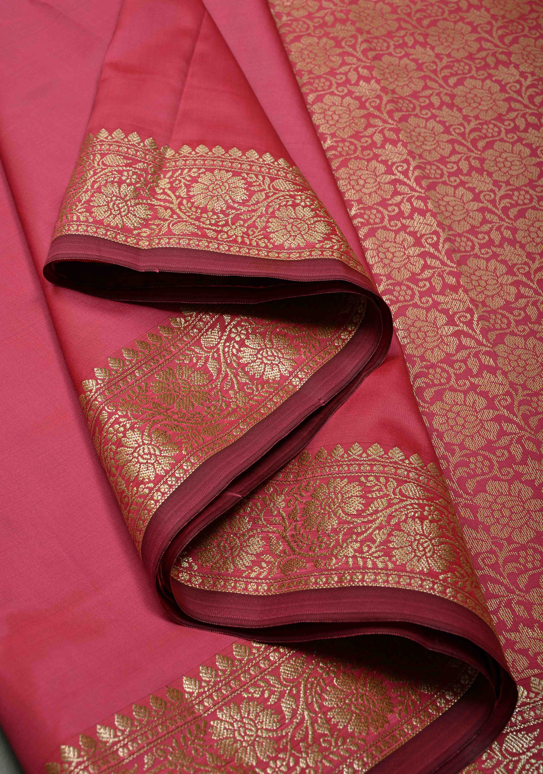 Coral Pink Semi Silk Saree with Floral Zari Border | SHOBITAM