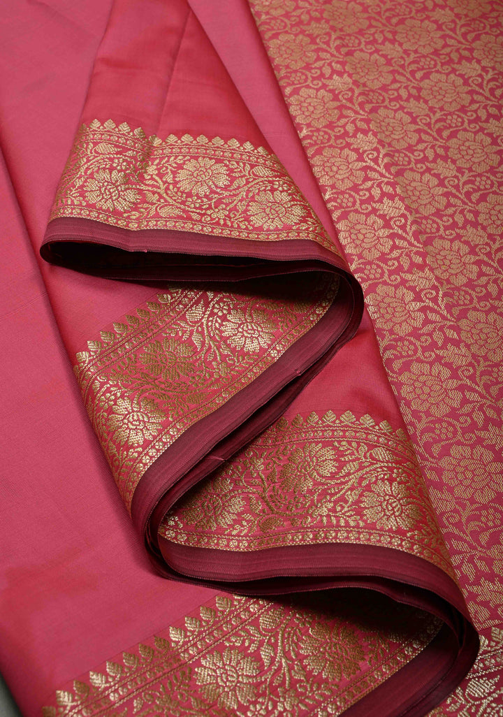 Coral Pink Semi Silk Saree with Floral Zari Border | SHOBITAM