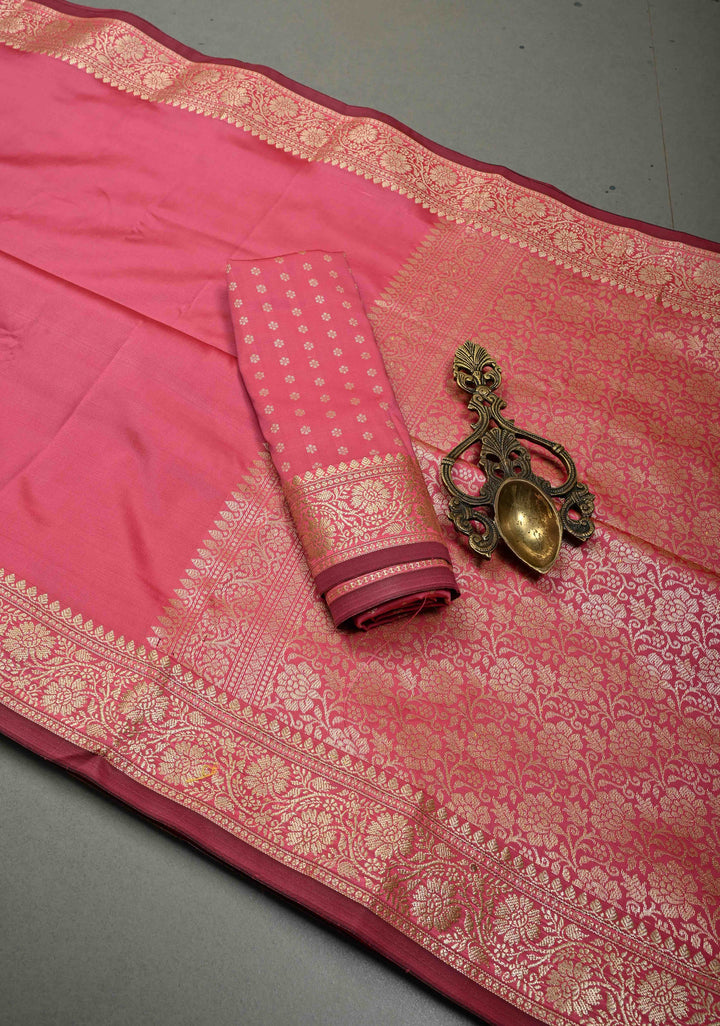 Coral Pink Semi Silk Saree with Floral Zari Border | SHOBITAM