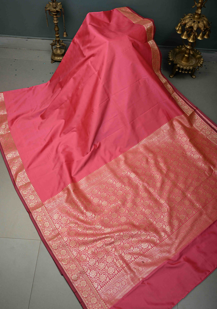 Coral Pink Semi Silk Saree with Floral Zari Border | SHOBITAM