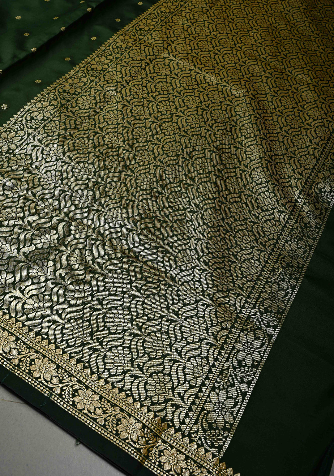 Bottle Green Semi Silk Saree with Chunri Zari Buttis and Minimal Zari Border | SHOBITAM