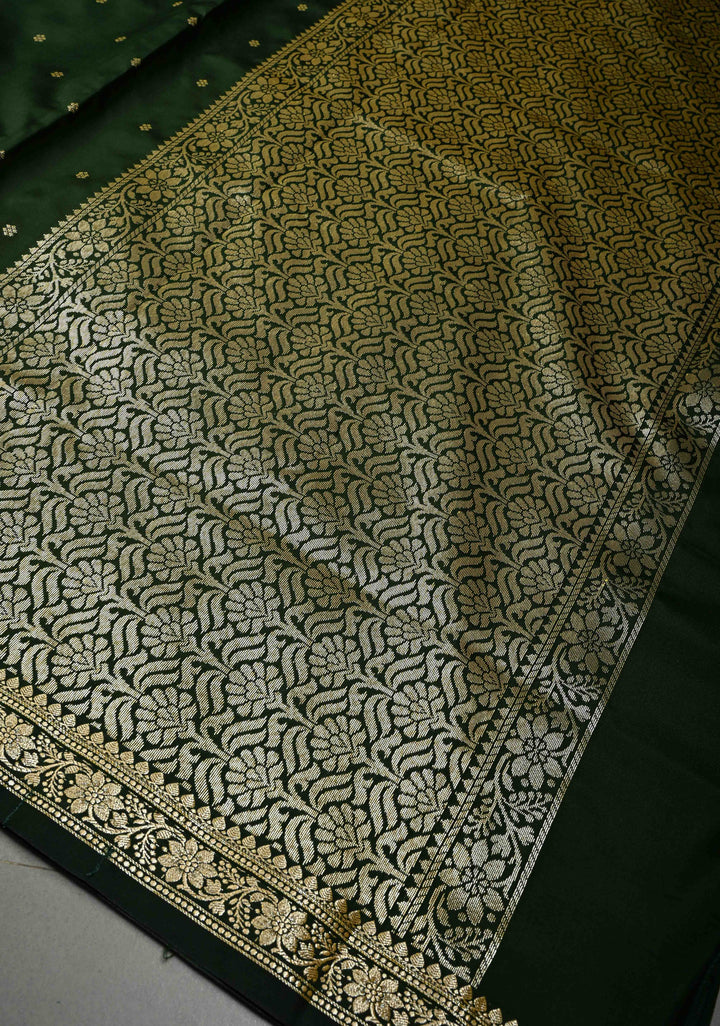 Bottle Green Semi Silk Saree with Chunri Zari Buttis and Minimal Zari Border | SHOBITAM