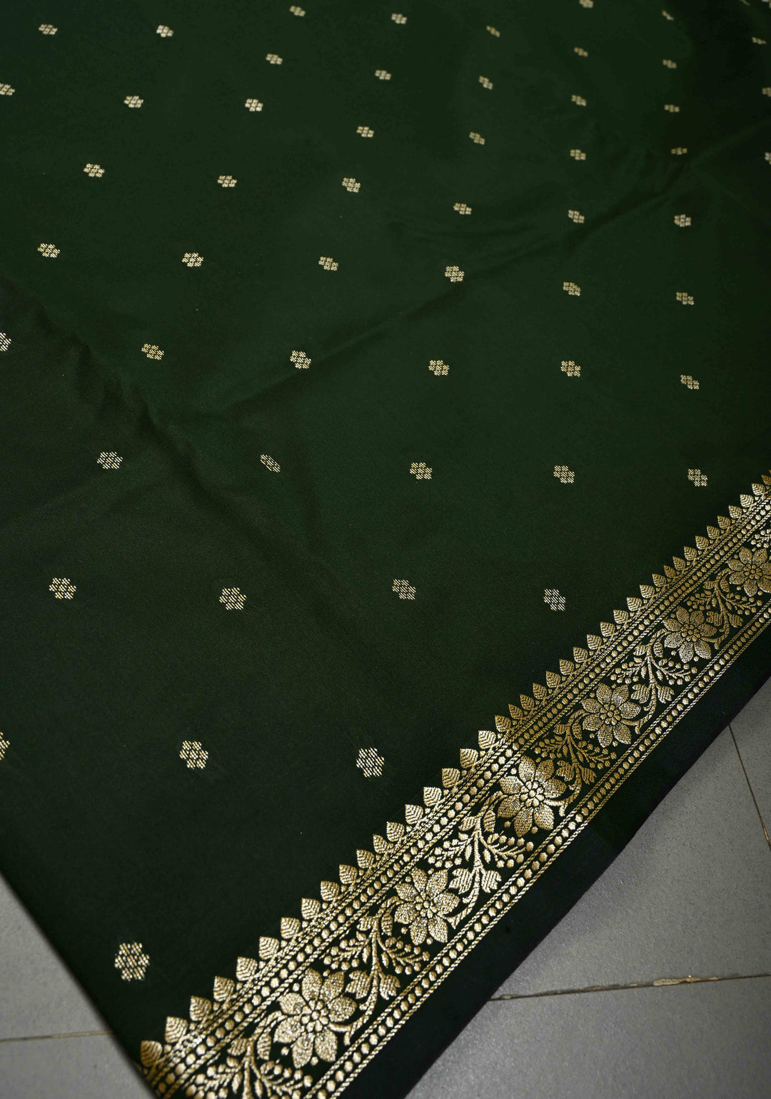 Bottle Green Semi Silk Saree with Chunri Zari Buttis and Minimal Zari Border | SHOBITAM