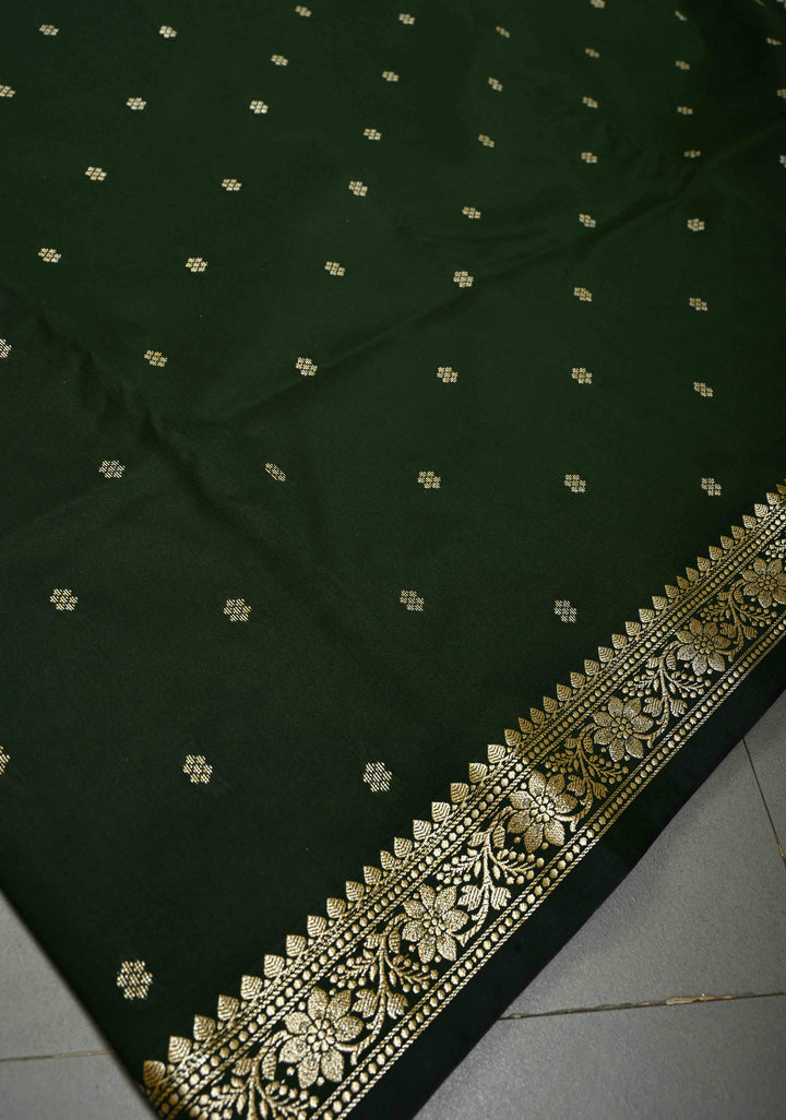 Bottle Green Semi Silk Saree with Chunri Zari Buttis and Minimal Zari Border | SHOBITAM