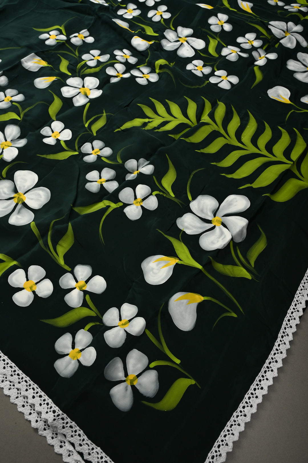 Deep Green Modal Silk Saree with Floral Hand Painted and Lace Border | SHOBITAM