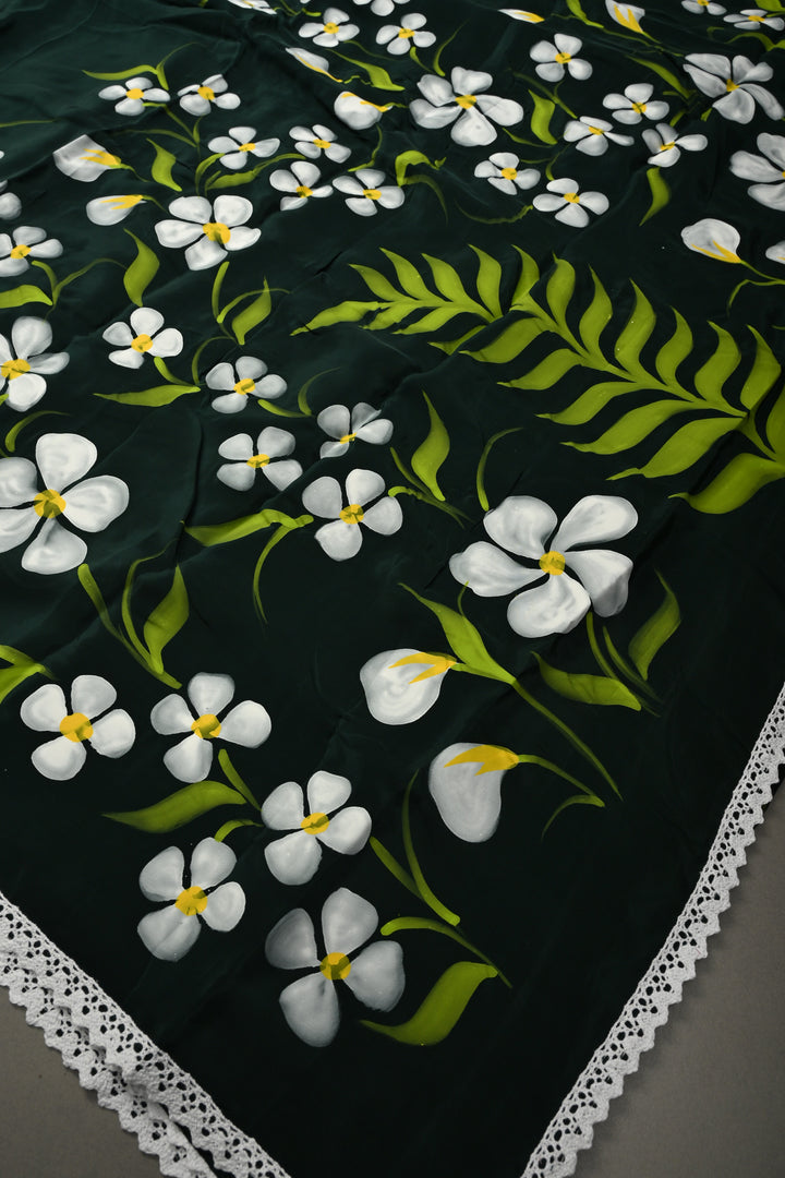 Deep Green Modal Silk Saree with Floral Hand Painted and Lace Border | SHOBITAM