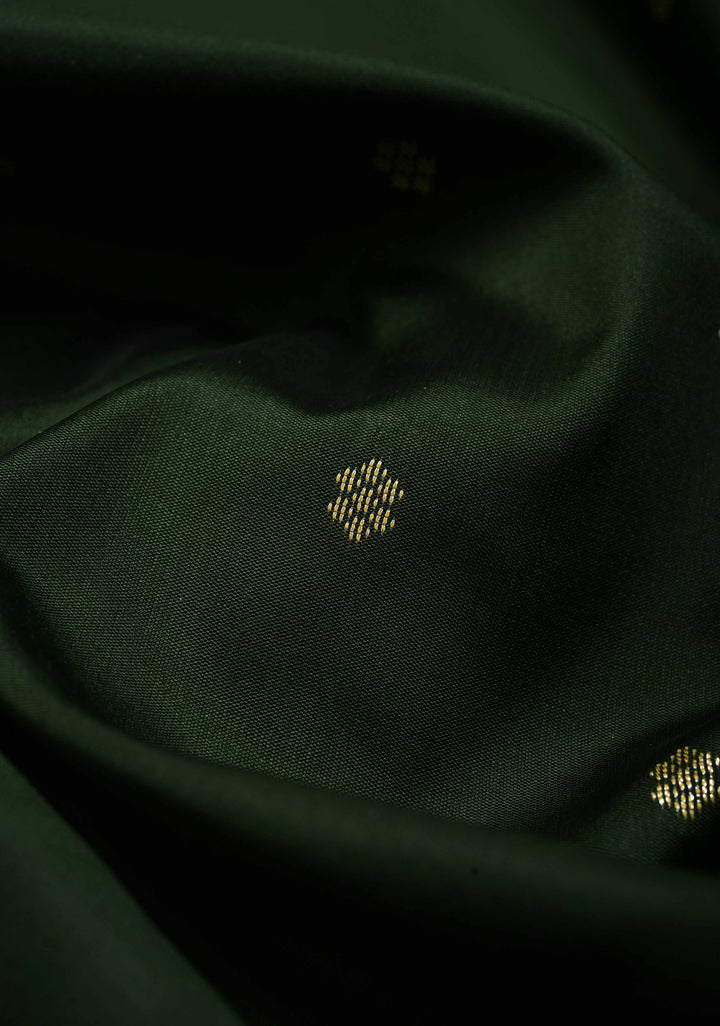 Bottle Green Semi Silk Saree with Chunri Zari Buttis and Minimal Zari Border | SHOBITAM