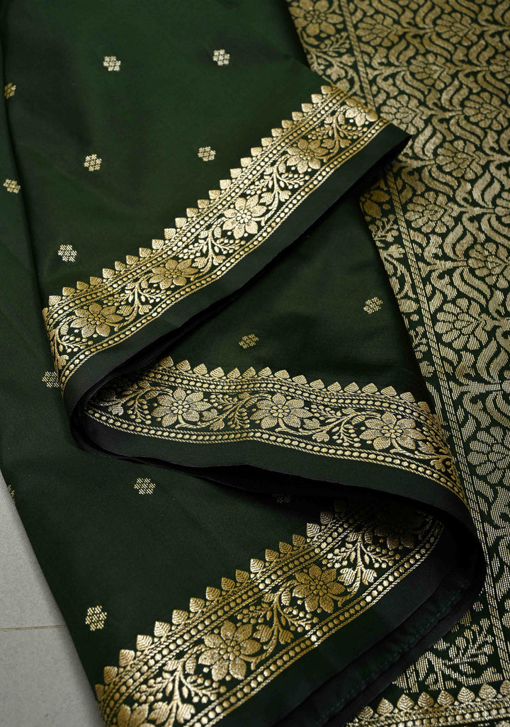 Bottle Green Semi Silk Saree with Chunri Zari Buttis and Minimal Zari Border | SHOBITAM