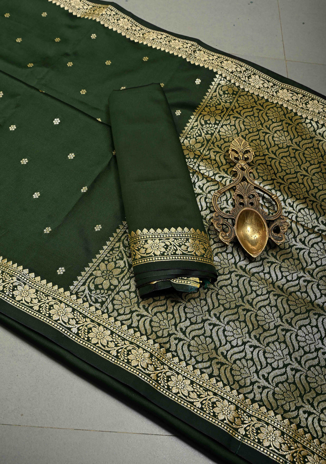 Bottle Green Semi Silk Saree with Chunri Zari Buttis and Minimal Zari Border | SHOBITAM