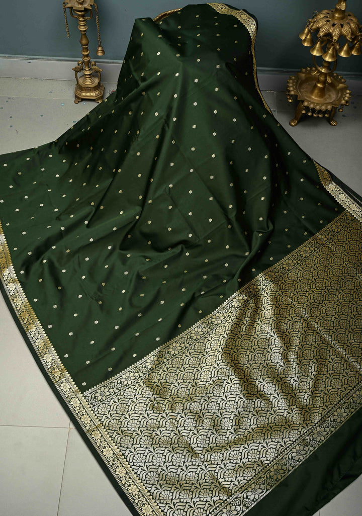 Bottle Green Semi Silk Saree with Chunri Zari Buttis and Minimal Zari Border | SHOBITAM