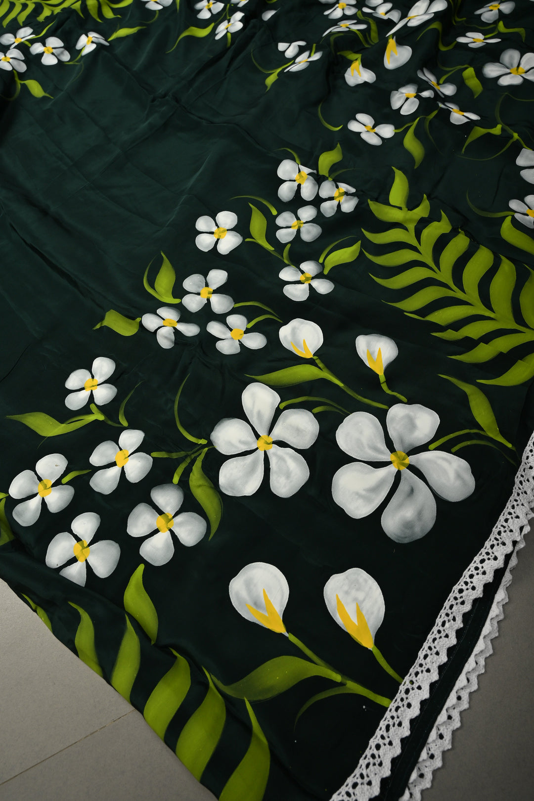 Deep Green Modal Silk Saree with Floral Hand Painted and Lace Border | SHOBITAM
