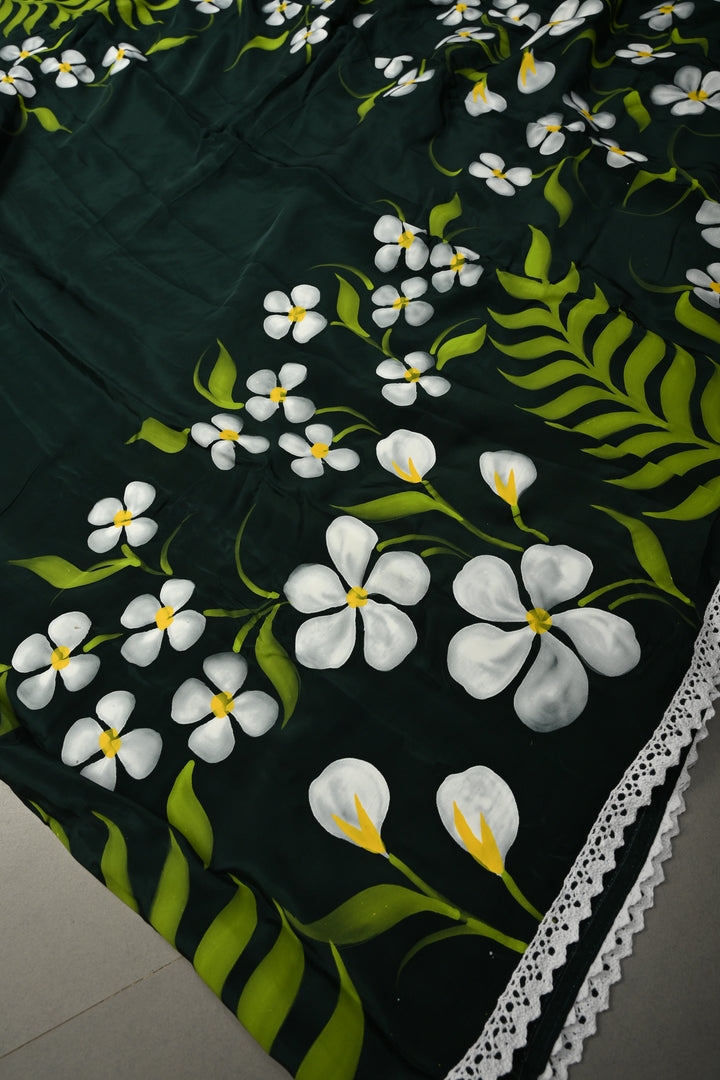 Deep Green Modal Silk Saree with Floral Hand Painted and Lace Border | SHOBITAM
