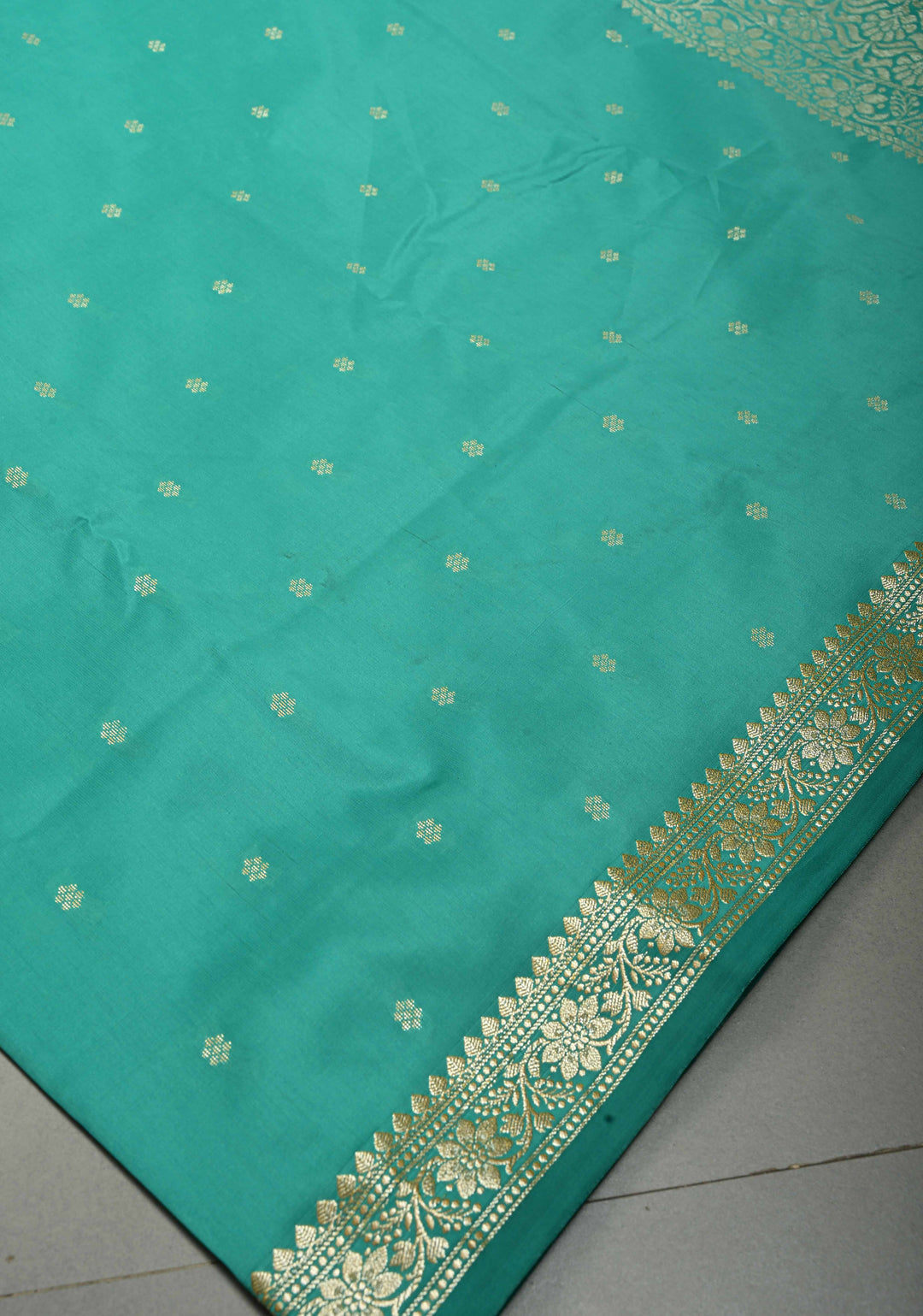 Dark Sea Green Semi Silk Saree with Chunri Zari Buttis and Minimal Zari Border | SHOBITAM