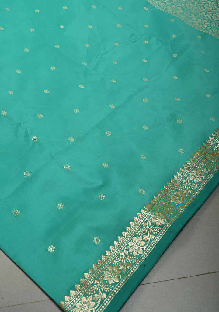 Dark Sea Green Semi Silk Saree with Chunri Zari Buttis and Minimal Zari Border | SHOBITAM