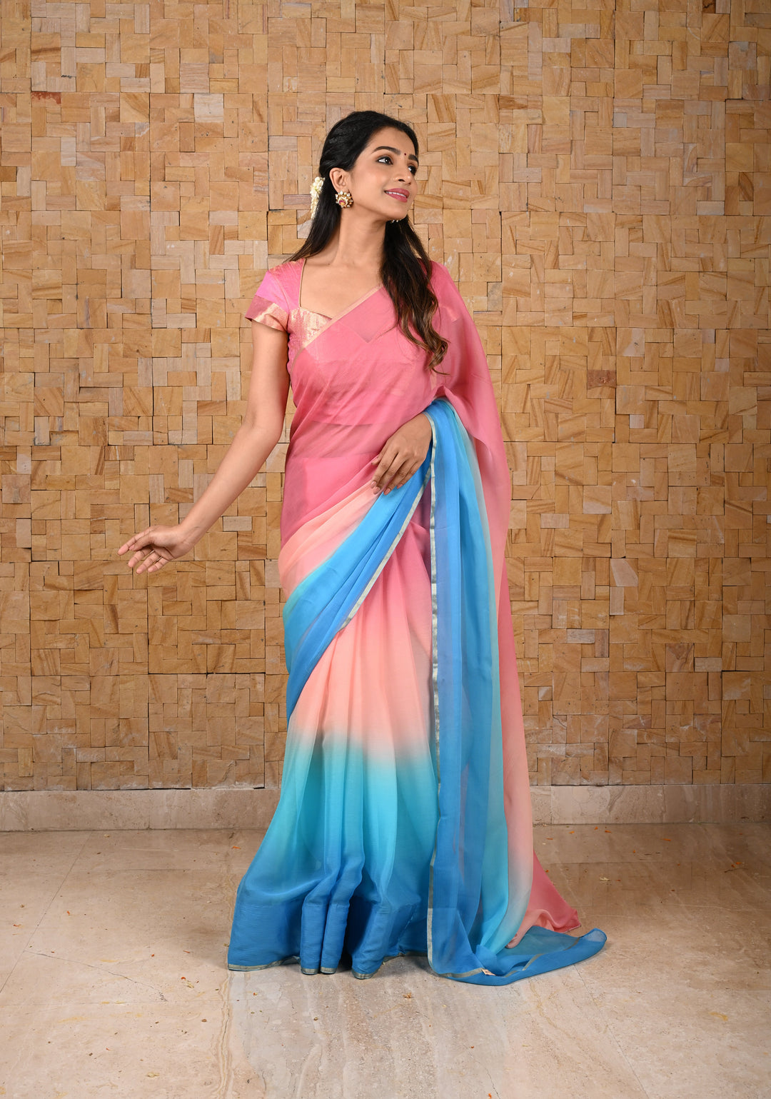 Multicolor Bollywood style ombré pure chiffon saree in shades of Blue and Pink, No Blouse Piece