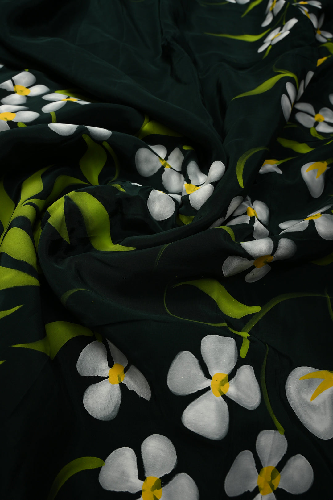 Deep Green Modal Silk Saree with Floral Hand Painted and Lace Border | SHOBITAM