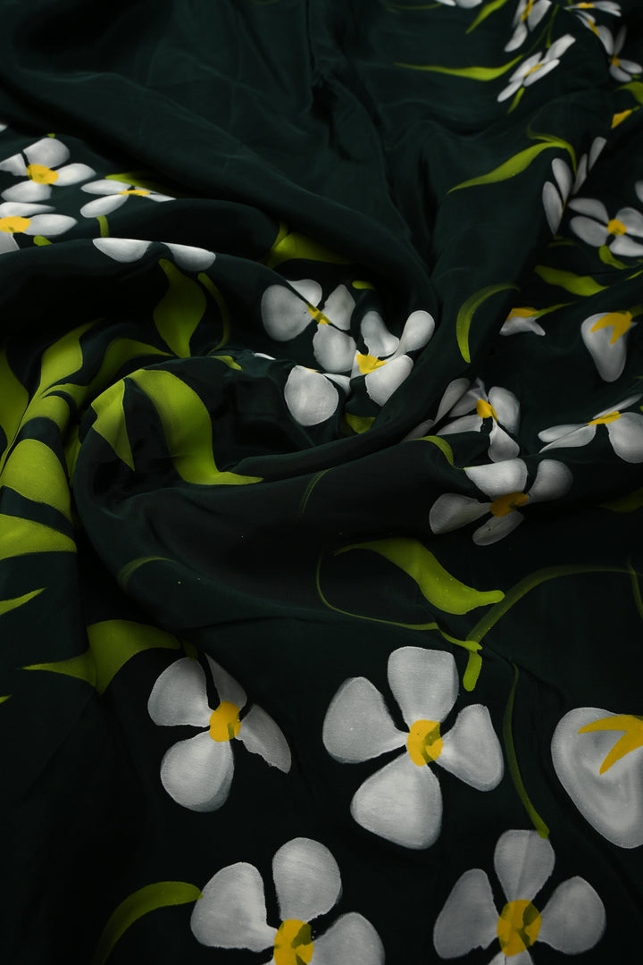 Deep Green Modal Silk Saree with Floral Hand Painted and Lace Border | SHOBITAM