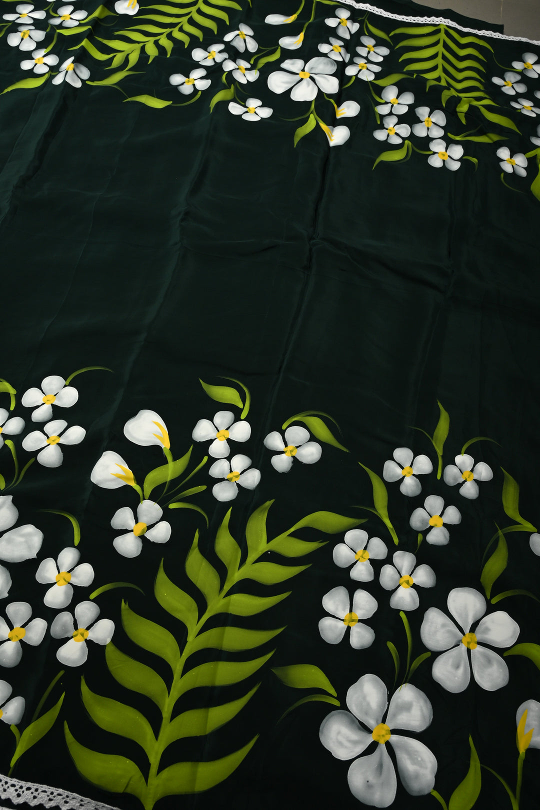Deep Green Modal Silk Saree with Floral Hand Painted and Lace Border | SHOBITAM