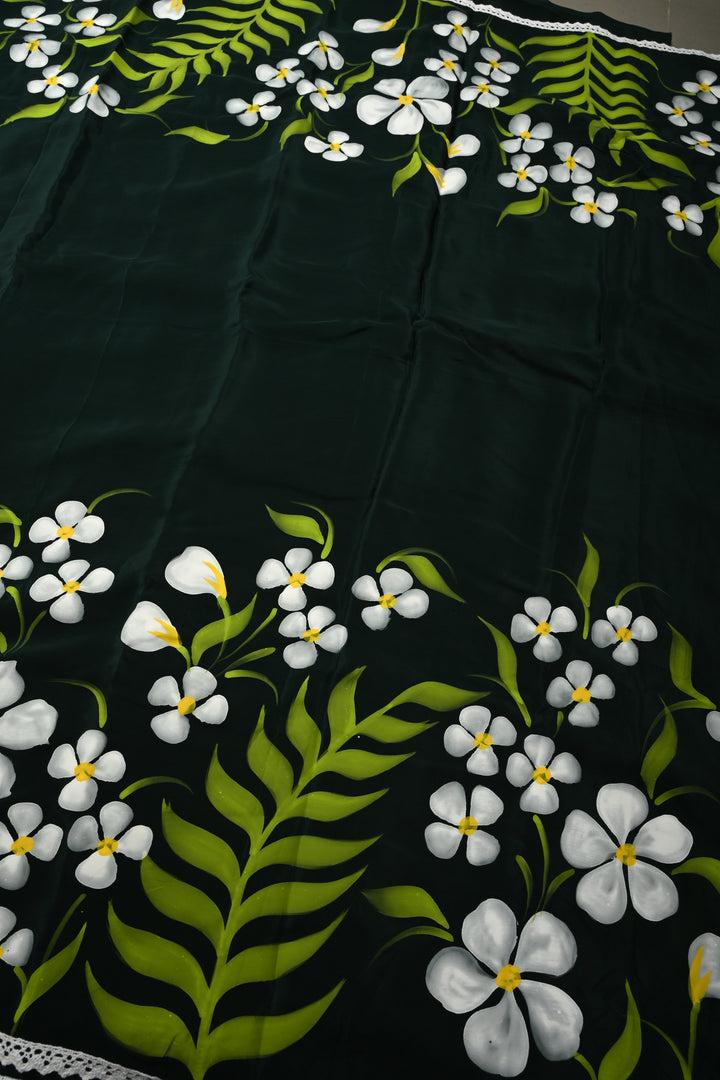 Deep Green Modal Silk Saree with Floral Hand Painted and Lace Border | SHOBITAM