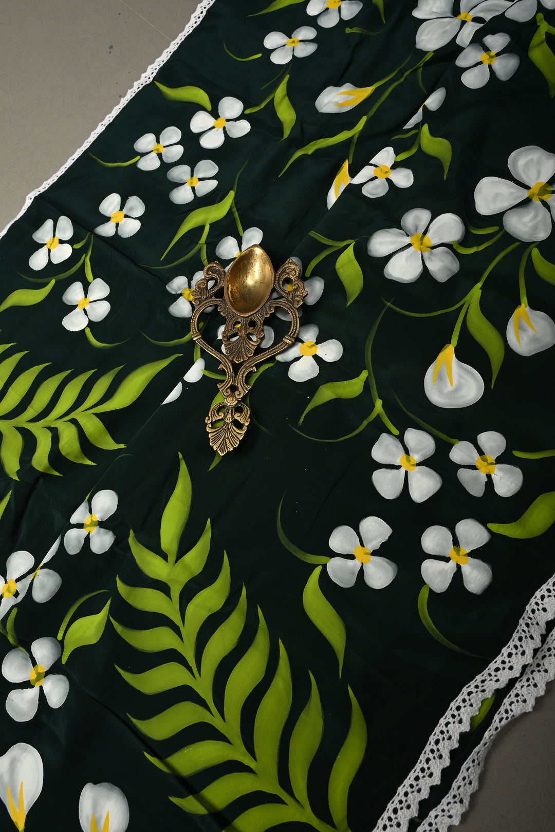 Deep Green Modal Silk Saree with Floral Hand Painted and Lace Border | SHOBITAM