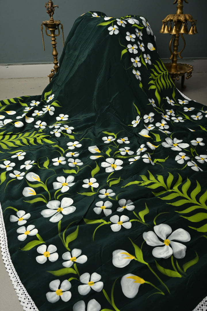 Deep Green Modal Silk Saree with Floral Hand Painted and Lace Border | SHOBITAM