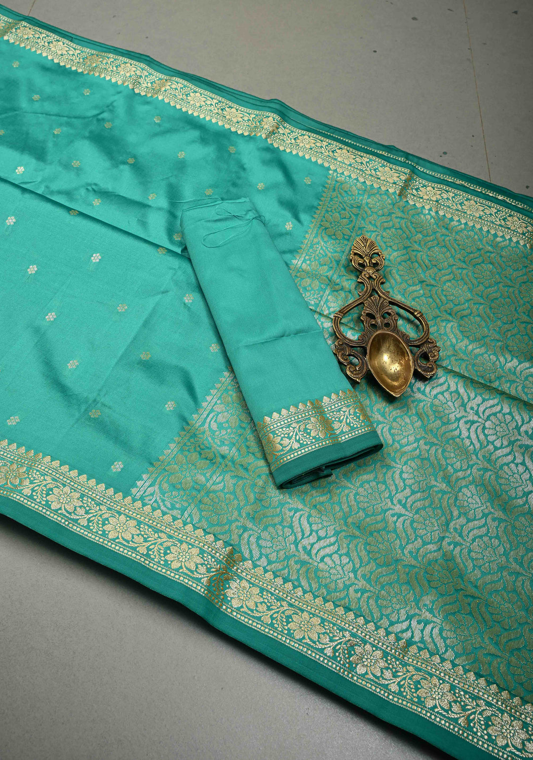 Dark Sea Green Semi Silk Saree with Chunri Zari Buttis and Minimal Zari Border | SHOBITAM