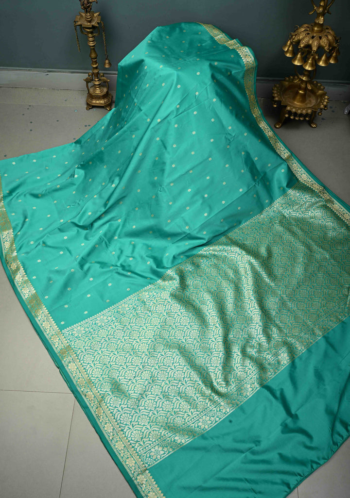 Dark Sea Green Semi Silk Saree with Chunri Zari Buttis and Minimal Zari Border | SHOBITAM