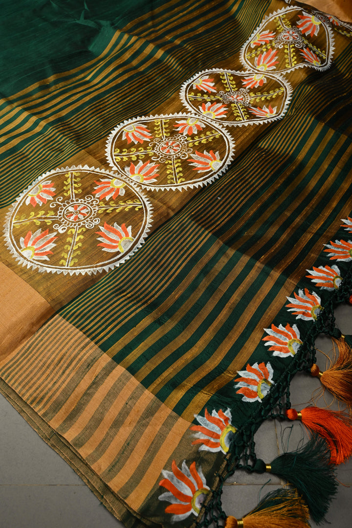 Forest Green Pure Raw Silk Saree with Madhubani Style Hand Painted and Tissue Zari Border | SILK MARK CERTIFIED