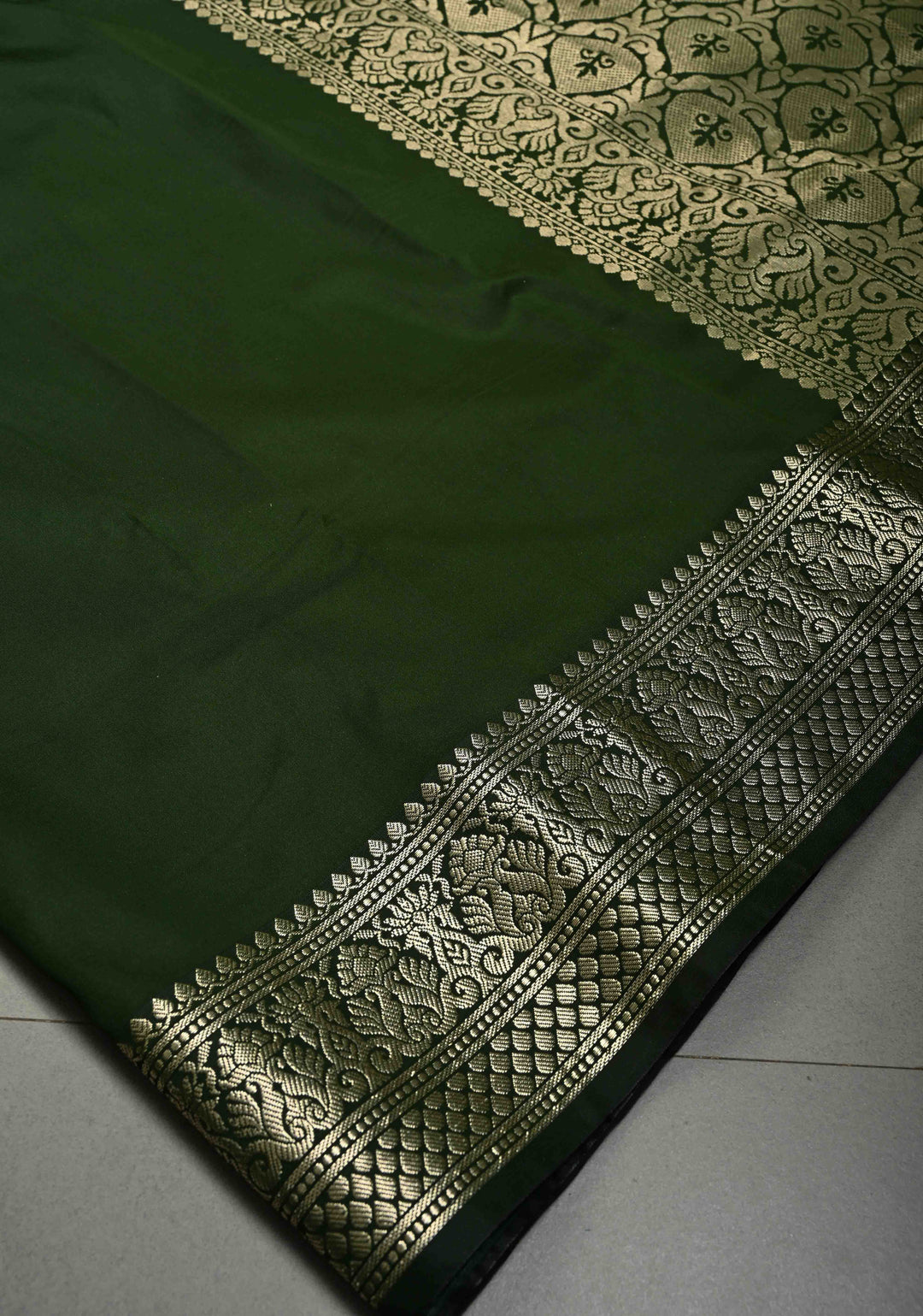 Deep Forest Green Semi Silk Saree with Zari Border | SHOBITAM