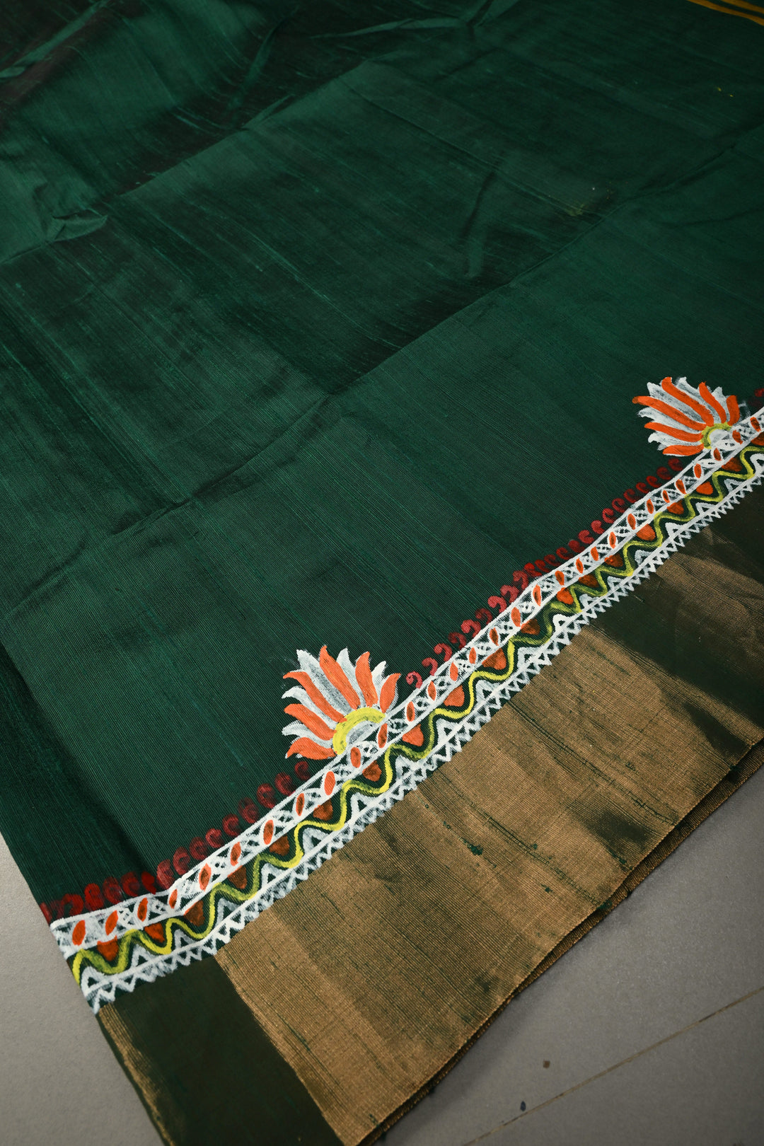 Forest Green Pure Raw Silk Saree with Madhubani Style Hand Painted and Tissue Zari Border | SILK MARK CERTIFIED