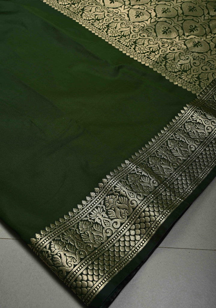 Deep Forest Green Semi Silk Saree with Zari Border | SHOBITAM