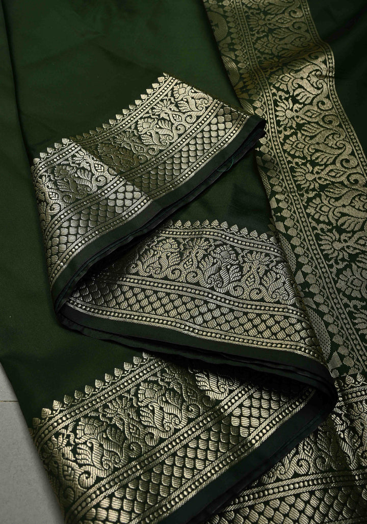 Deep Forest Green Semi Silk Saree with Zari Border | SHOBITAM