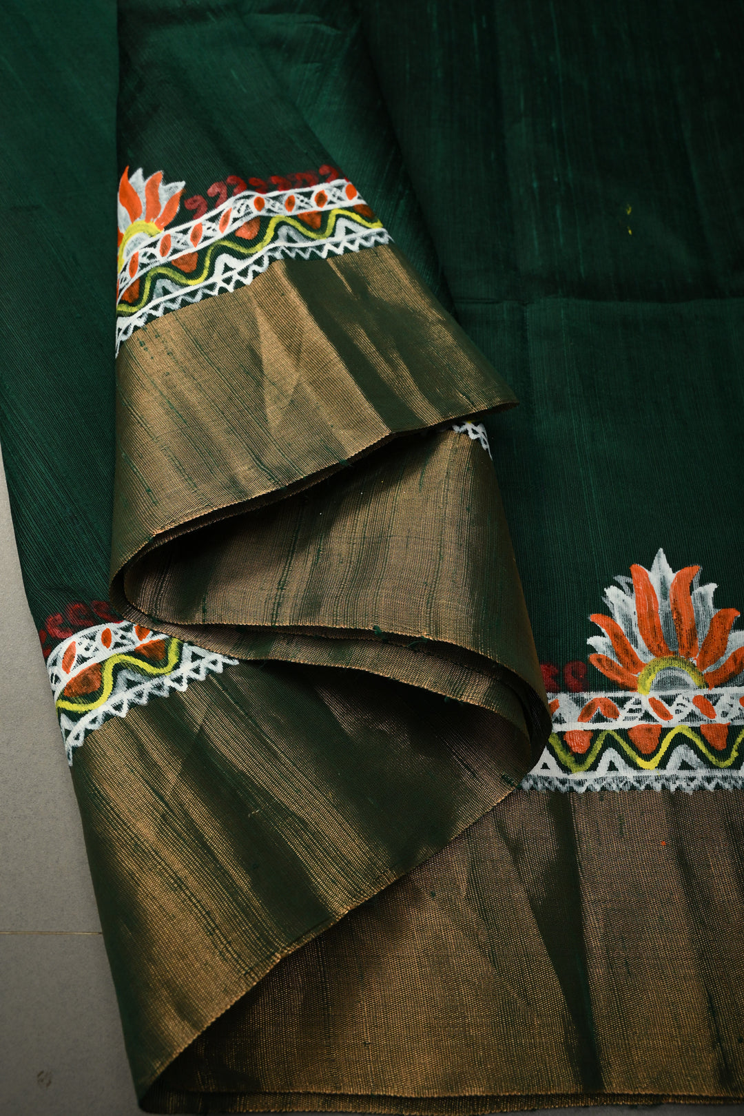 Forest Green Pure Raw Silk Saree with Madhubani Style Hand Painted and Tissue Zari Border | SILK MARK CERTIFIED