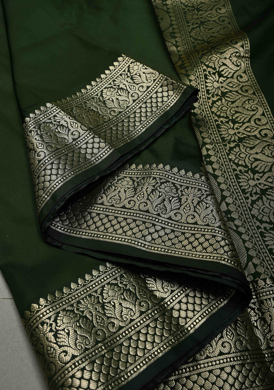 Deep Forest Green Semi Silk Saree with Zari Border | SHOBITAM
