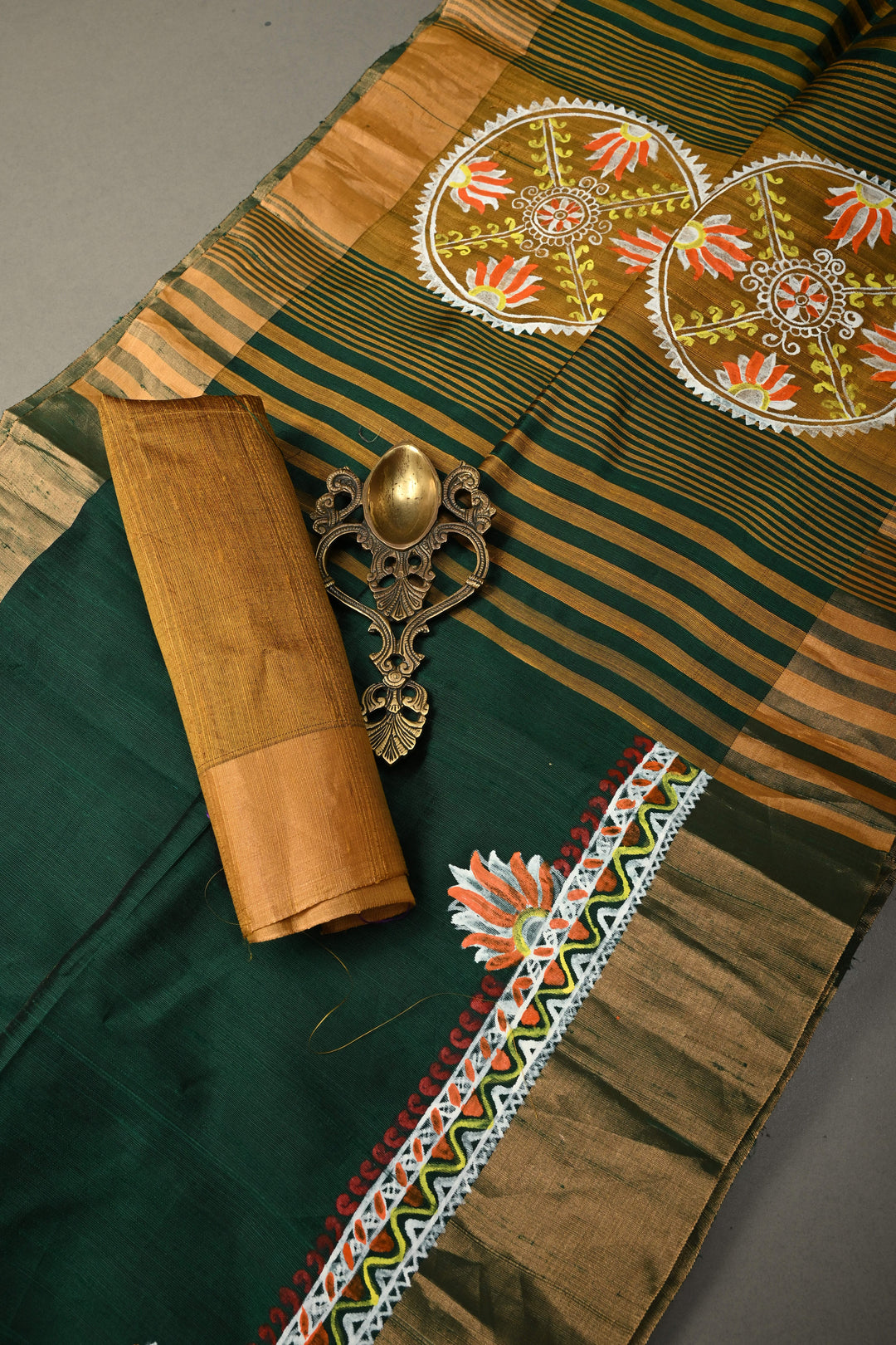 Forest Green Pure Raw Silk Saree with Madhubani Style Hand Painted and Tissue Zari Border | SILK MARK CERTIFIED