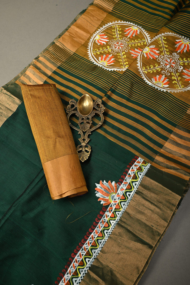Forest Green Pure Raw Silk Saree with Madhubani Style Hand Painted and Tissue Zari Border | SILK MARK CERTIFIED