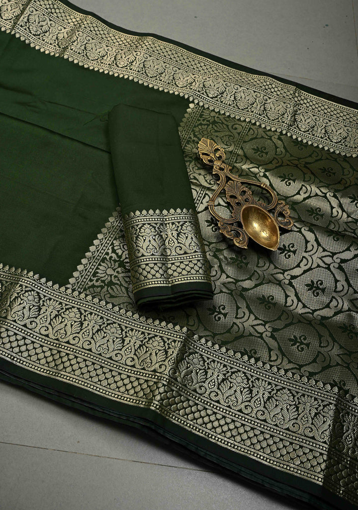 Deep Forest Green Semi Silk Saree with Zari Border | SHOBITAM