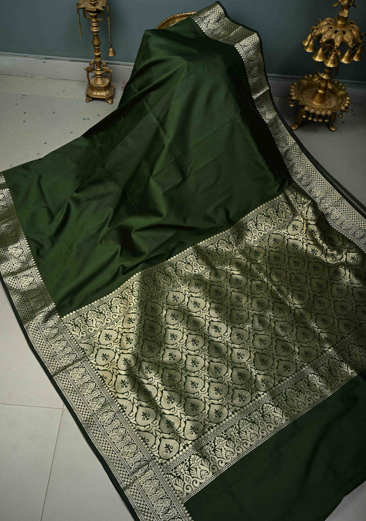 Deep Forest Green Semi Silk Saree with Zari Border | SHOBITAM