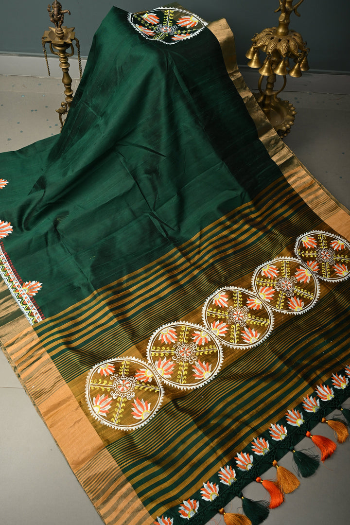 Forest Green Pure Raw Silk Saree with Madhubani Style Hand Painted and Tissue Zari Border | SILK MARK CERTIFIED