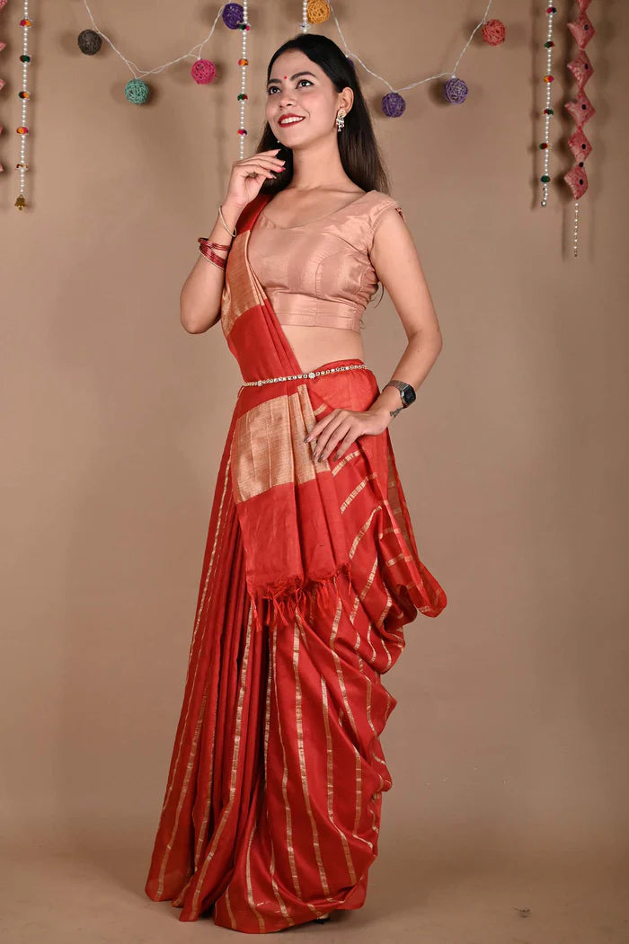 Ready To Wear Red Bhagalpuri Cotton Silk with woven zari & Ornate Pallu Wrap in 1 minute saree