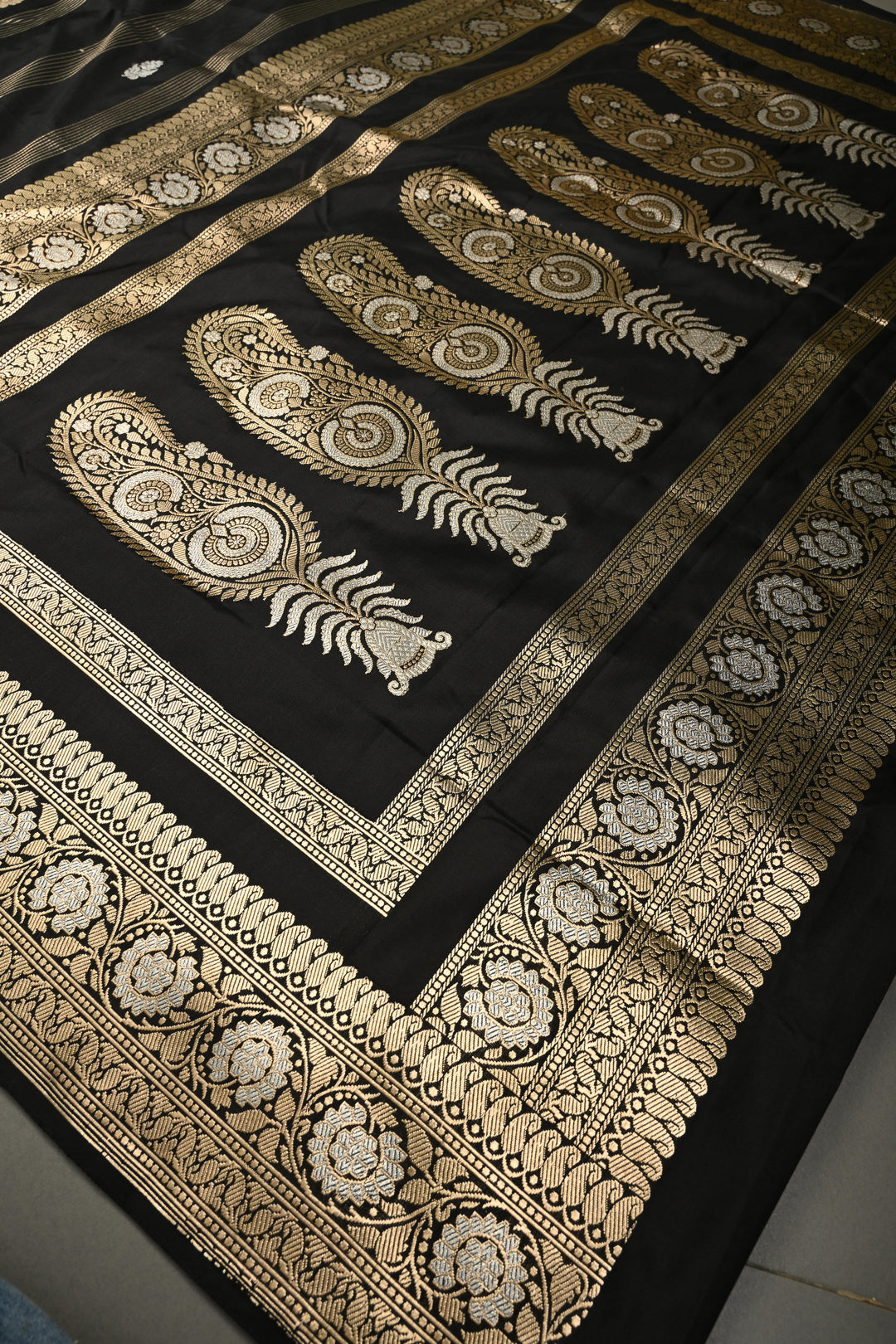 Black Zari Stripes On Pure Banarasi Katan Silk Saree with Sona Rupa Floral Zari Buttas and Zari Border | SILK MARK CERTIFIED | SHOBITAM