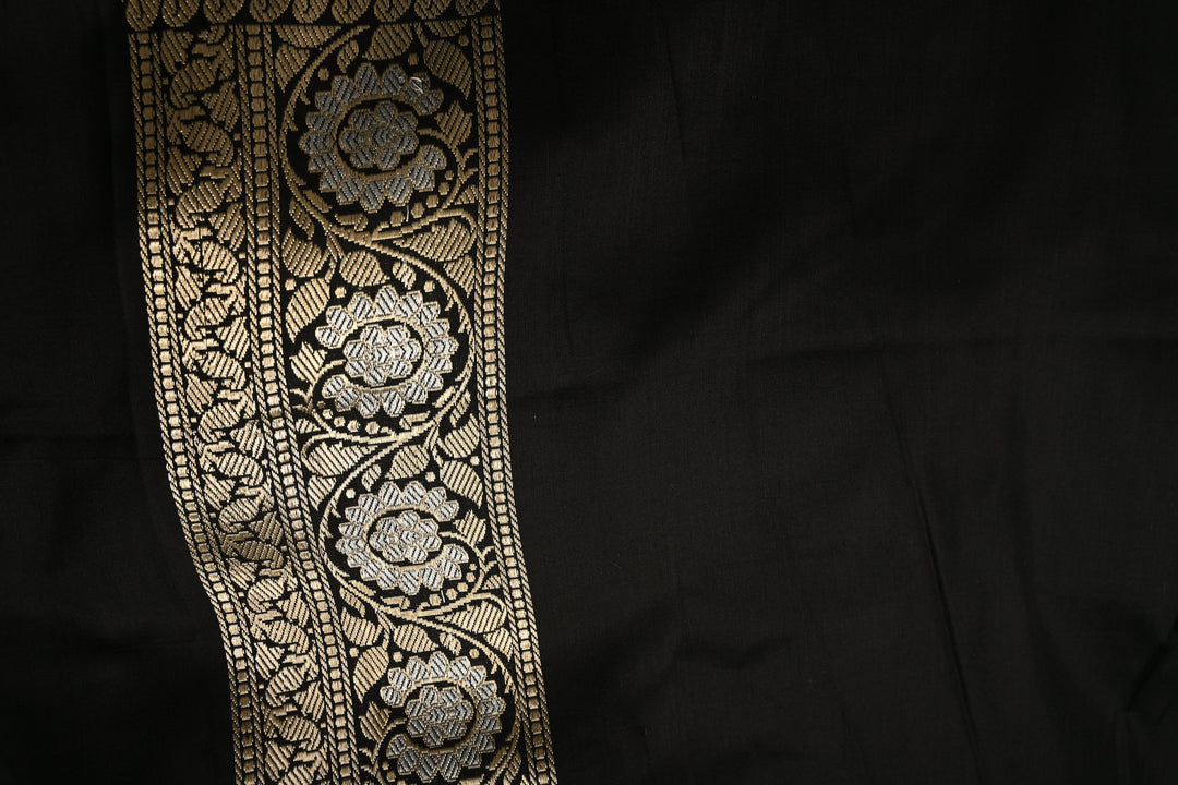 Black Zari Stripes On Pure Banarasi Katan Silk Saree with Sona Rupa Floral Zari Buttas and Zari Border | SILK MARK CERTIFIED | SHOBITAM