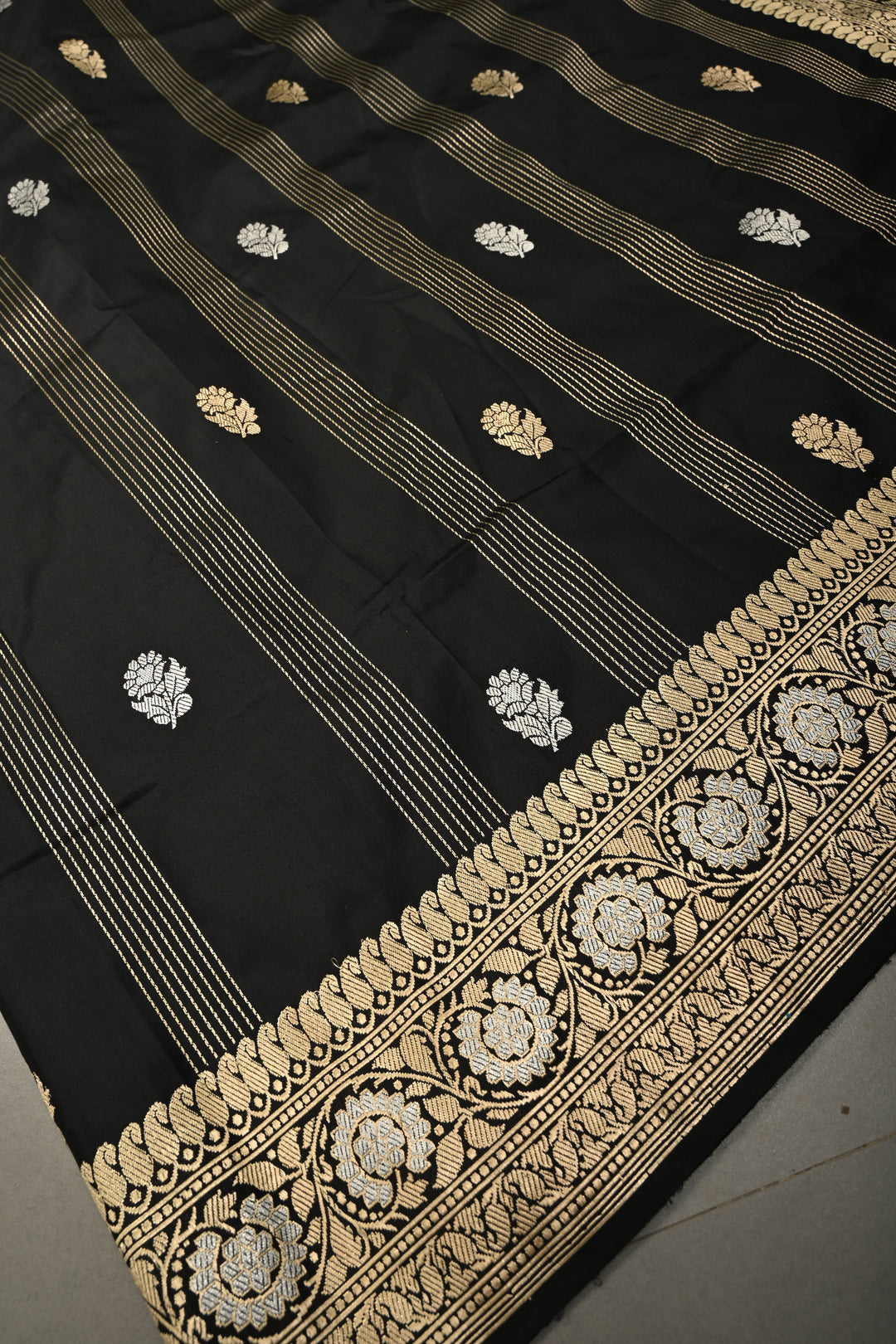 Black Zari Stripes On Pure Banarasi Katan Silk Saree with Sona Rupa Floral Zari Buttas and Zari Border | SILK MARK CERTIFIED | SHOBITAM
