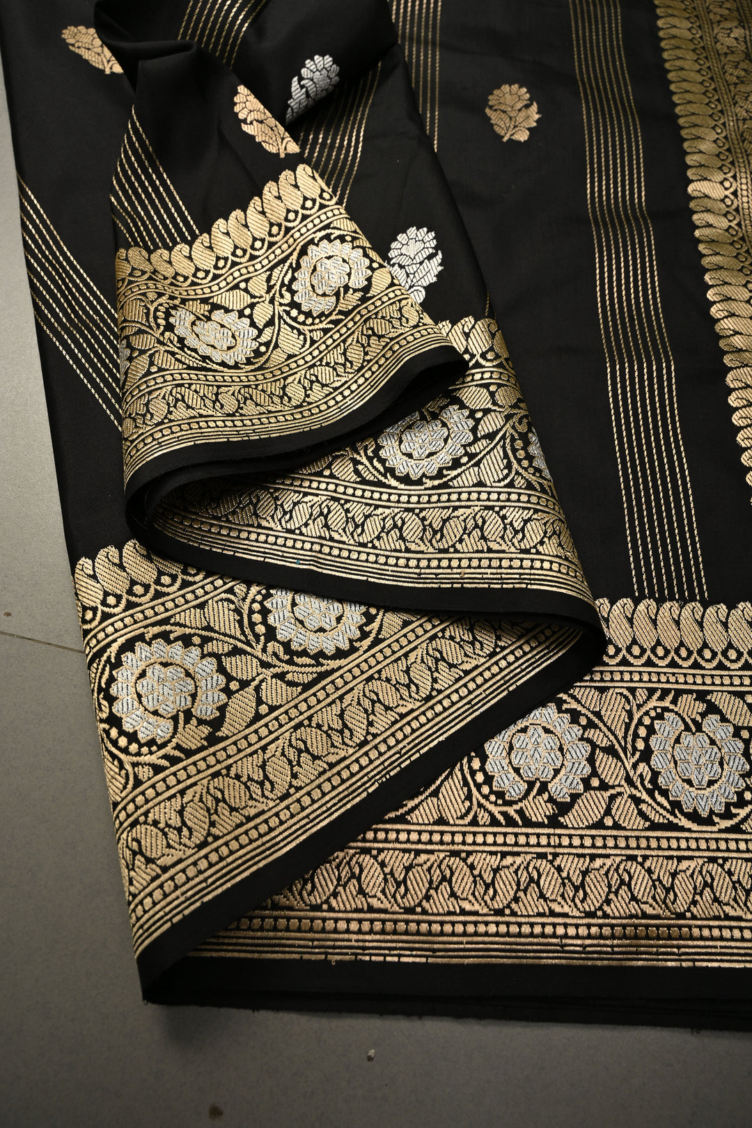 Black Zari Stripes On Pure Banarasi Katan Silk Saree with Sona Rupa Floral Zari Buttas and Zari Border | SILK MARK CERTIFIED | SHOBITAM